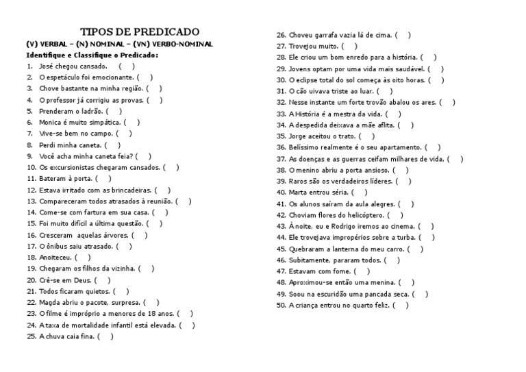 Tipos de Predicado - Exercícios | PDF