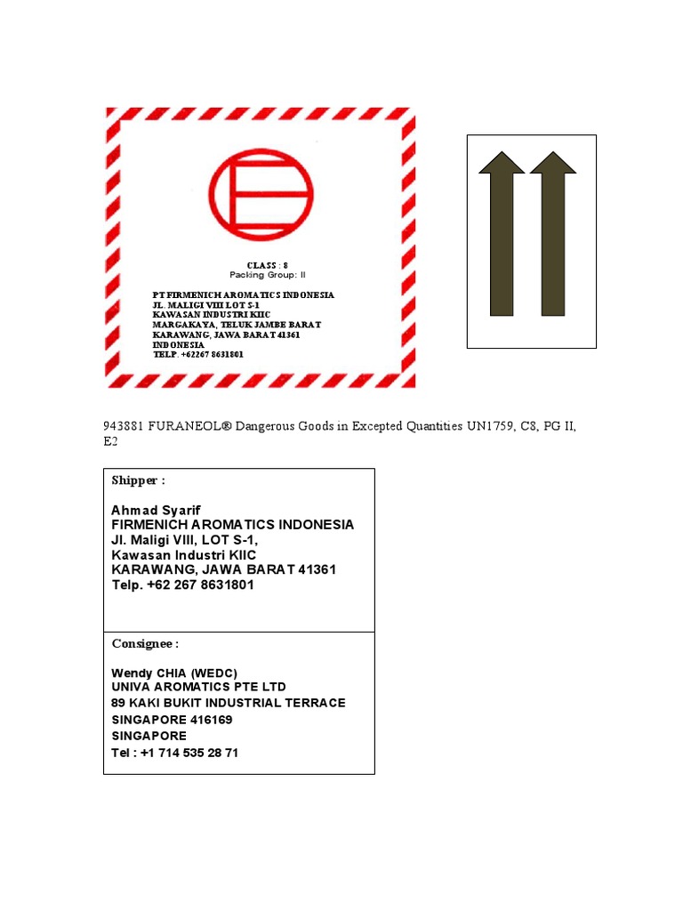 FURANEOL® Dangerous Goods in Excepted Quantities UN1759, C8, PG II, E2 ...