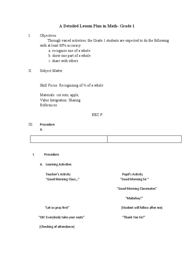 Grade 1 Math Lesson Plan: Fractions | PDF | Lesson Plan | Learning