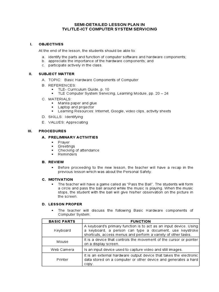 SemiDetailed Lesson Plan in Tvl/TleIct Computer System Servicing
