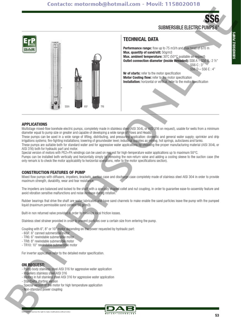 Submersible Electric Pumps 6": Technical Data | PDF | Pump | Electric Motor