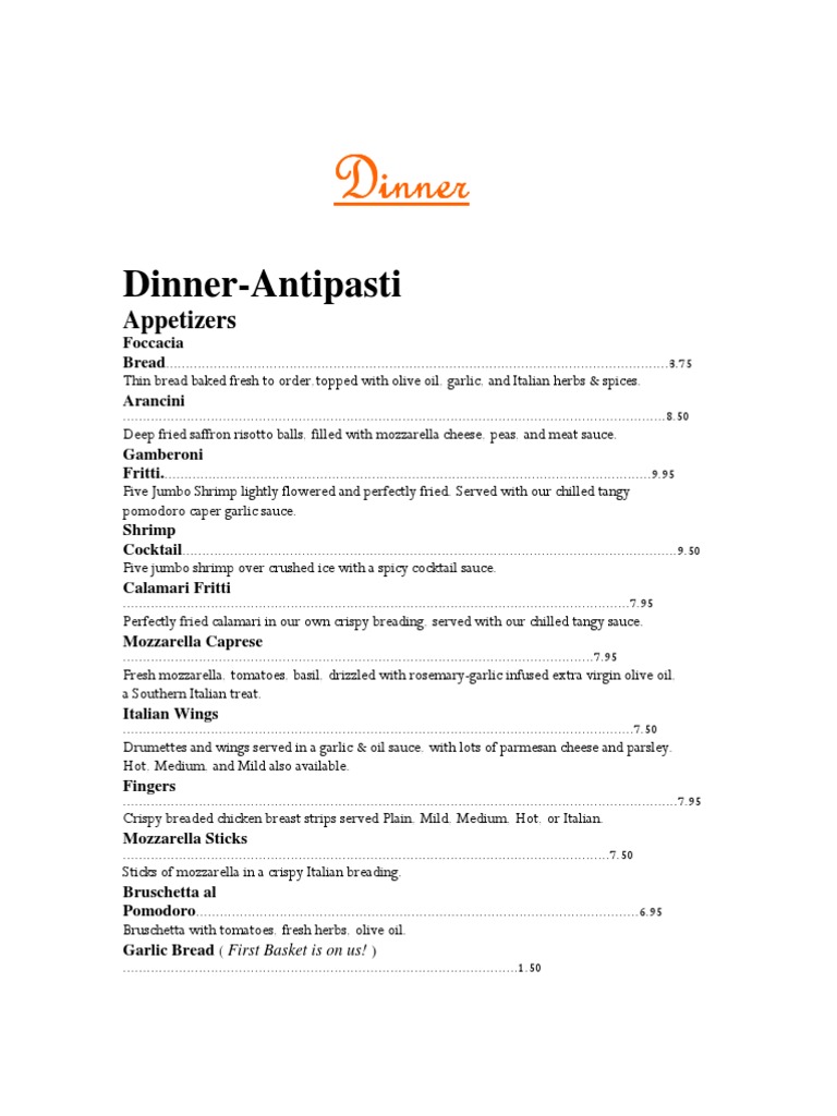 Italian Dinner Menu with Appetizers | PDF | Tomato Sauce | Pasta