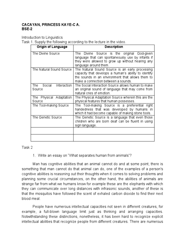 Linguistics Tasks 1 and 2 Episode 1 Origin Of Language PDF Human 