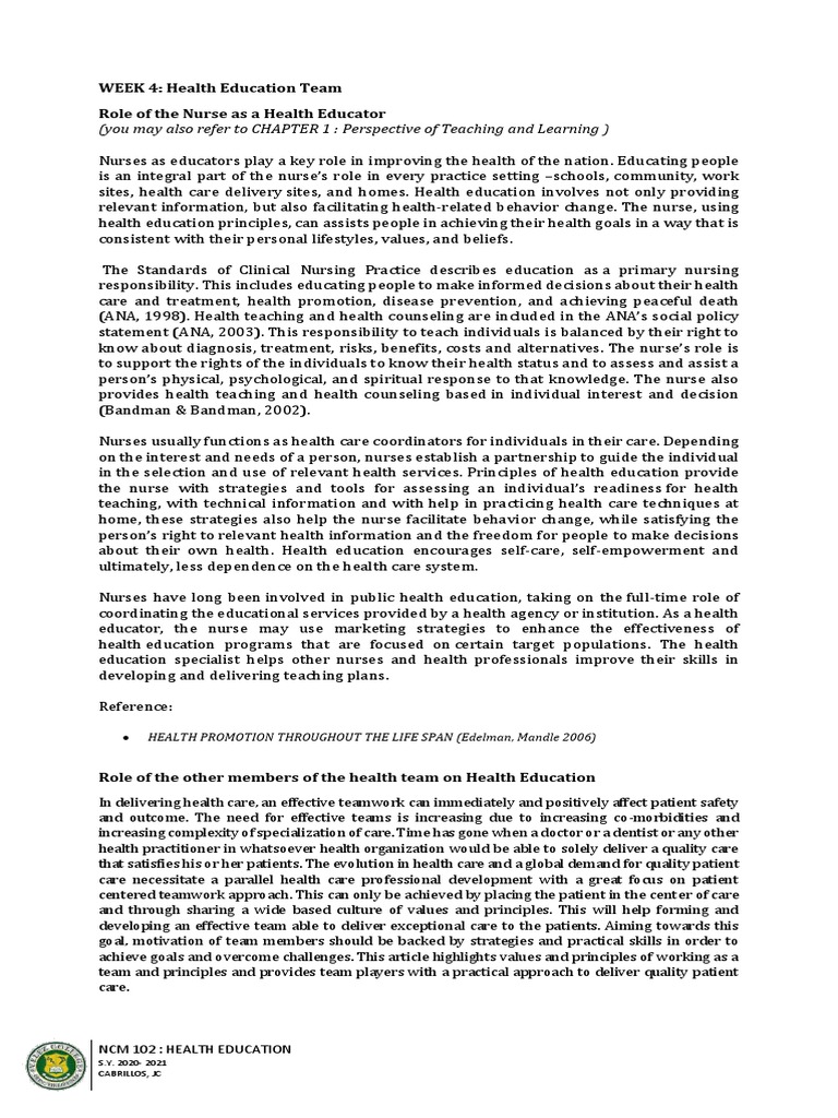 Nurse's Role in Health Education | PDF | Health Care | Nursing