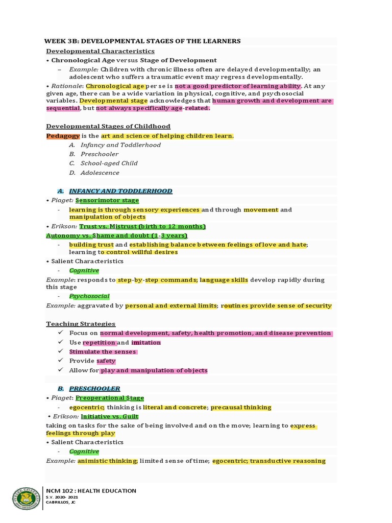 Printed Week 3b Developmental Stages Of The Learner Pdf
