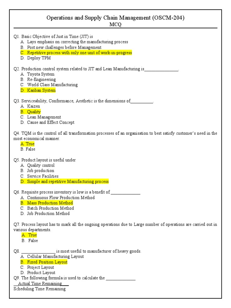 204 GC10 Operations & Supply Chain Management MCQ PDF Supply Chain Inventory
