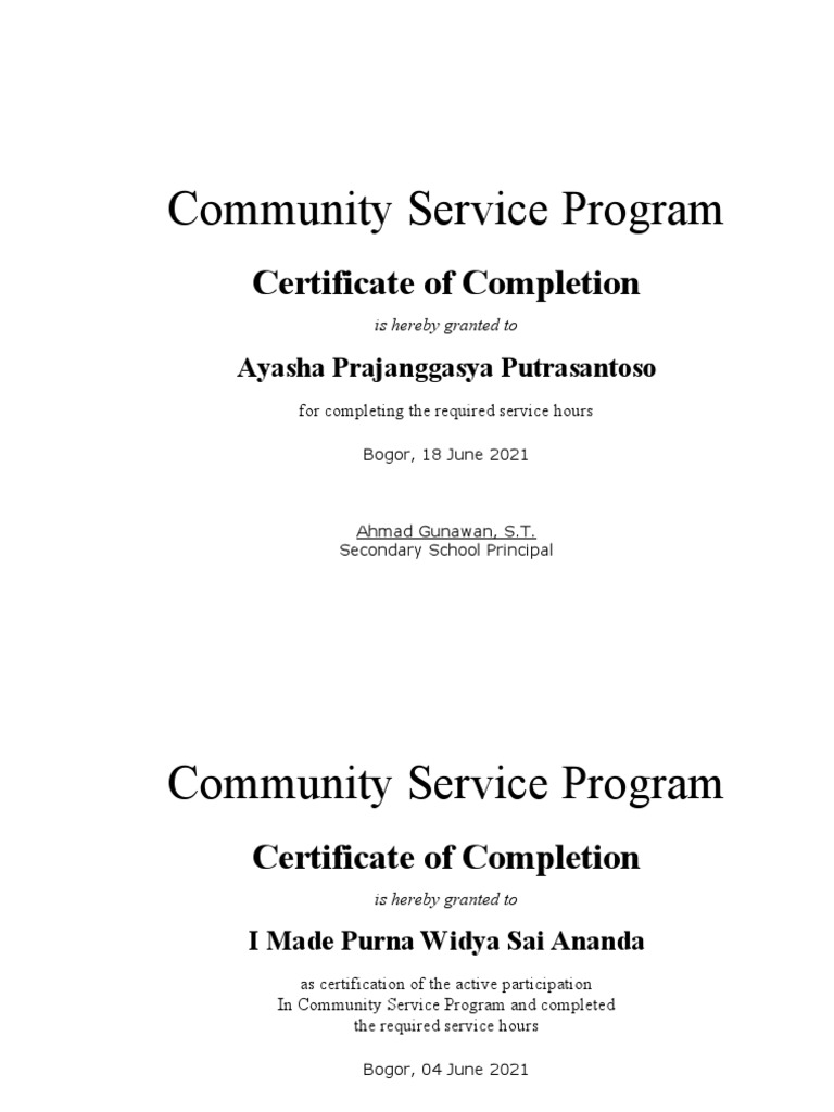 Community Service Program Certificate Of Completion PDF