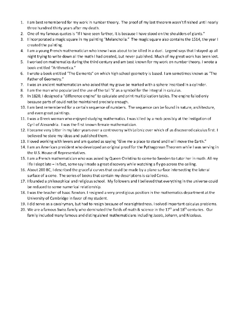 Famous Mathematicians Activity | PDF