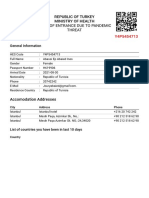 Republic of Turkey Ministry of Health Form of Entrance Due To Pandemic Threat