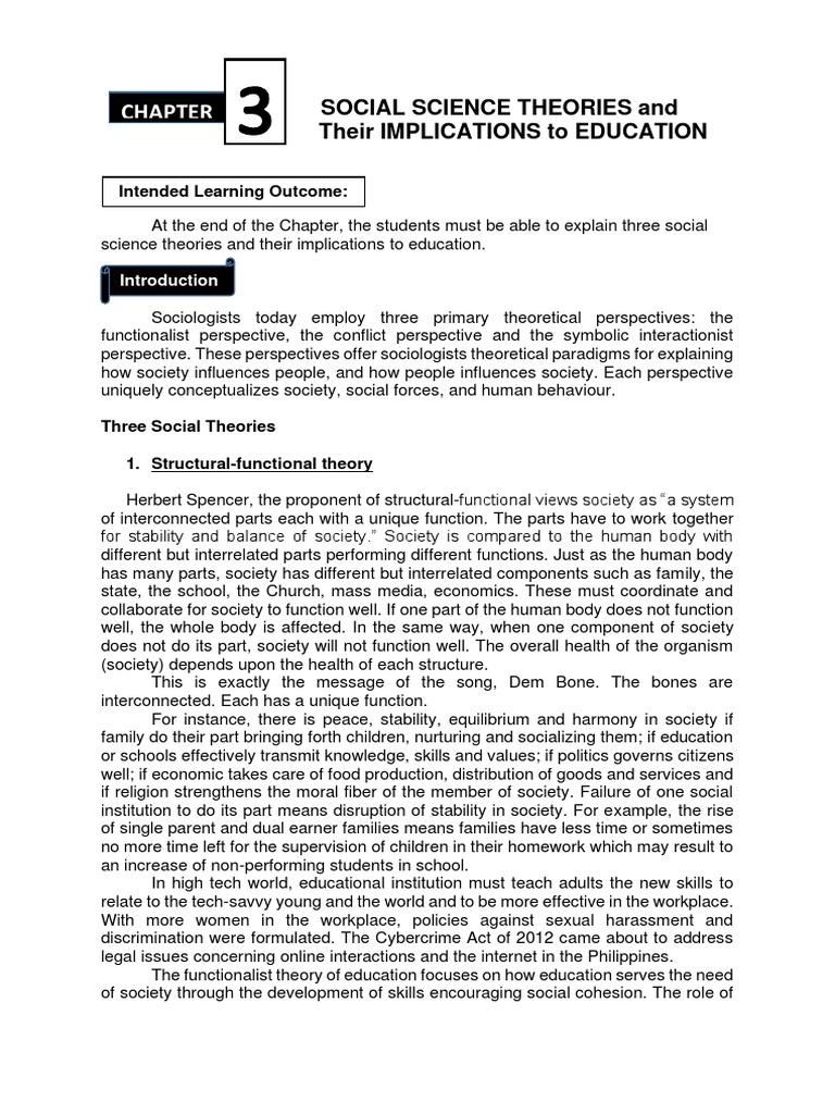 Chapter 3 Social Science Theories and Their Implications To Education ...