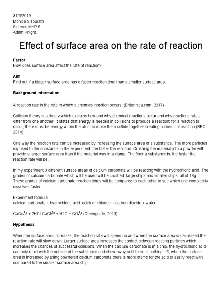 How Does Surface Area Affect The Rate of Reaction? PDF Chemical
