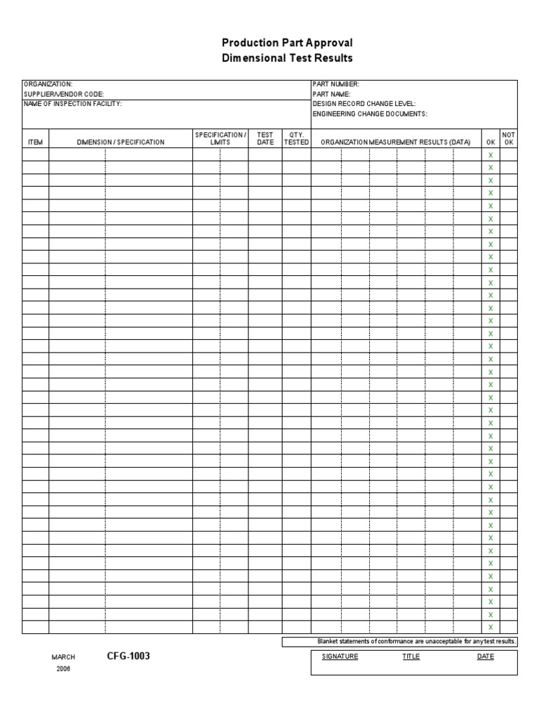 PPAP Dimensional Test Results PDF Specification (Technical Standard