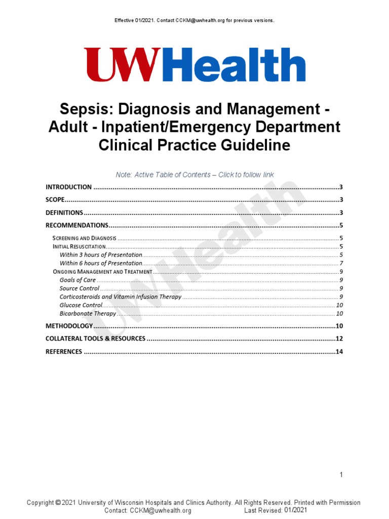 Sepsis Diagnosis and Management Adult Inpatient/Emergency