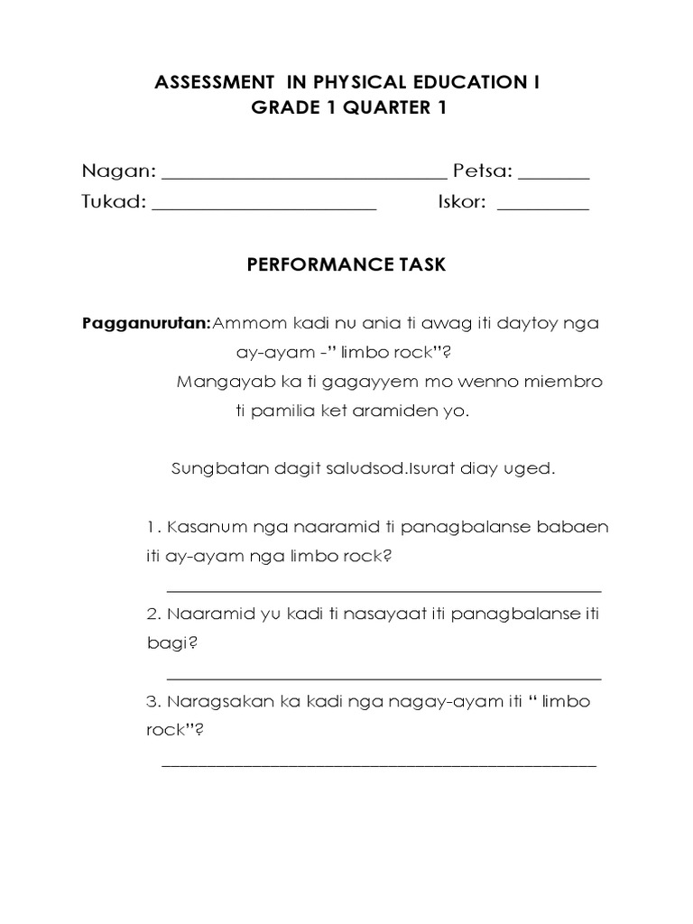 P E Quarter 1 Performance Task | PDF