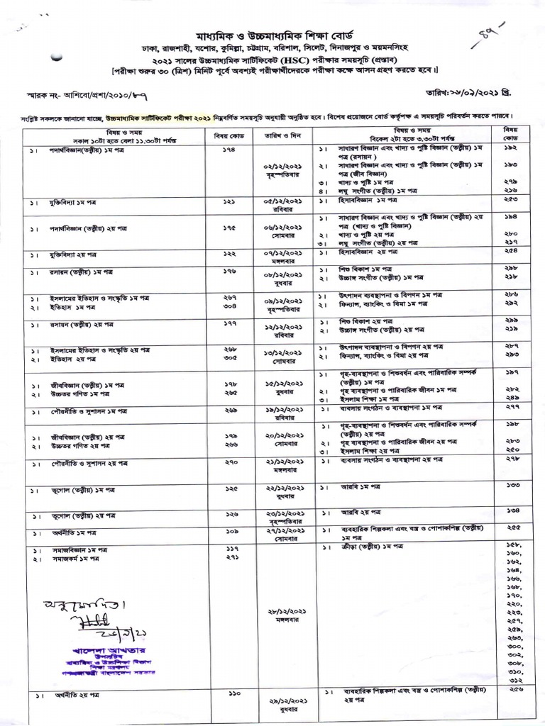 Hsc-2021 Exam Routine | PDF
