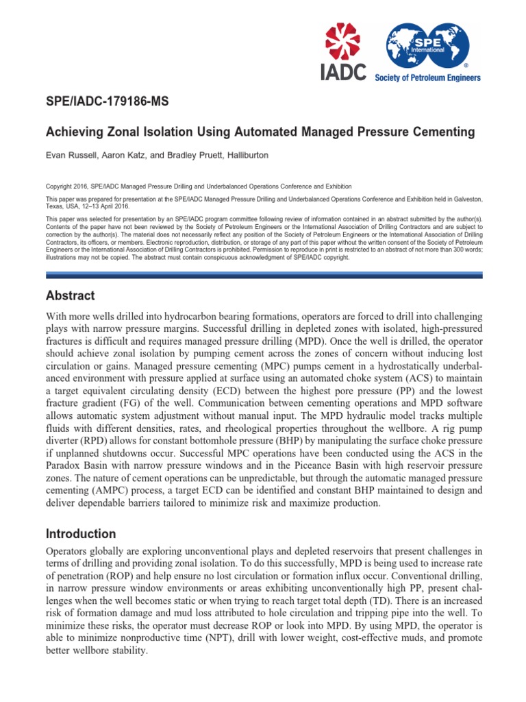 SPE/IADC179186MS Achieving Zonal Isolation Using Automated Managed
