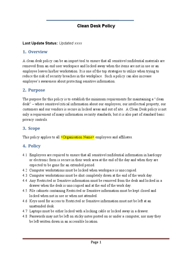DRAFT Clean Desk Policy PDF Information Sensitivity Desk