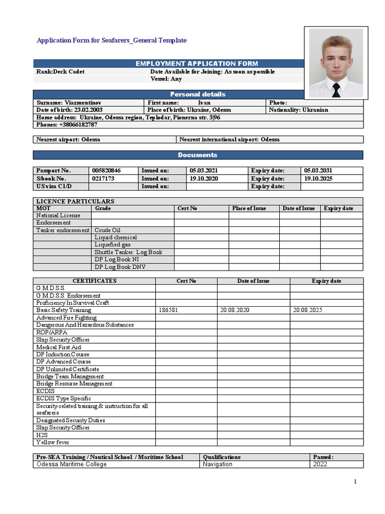 Seafarer Application Form Template | PDF | Watercraft | Transport