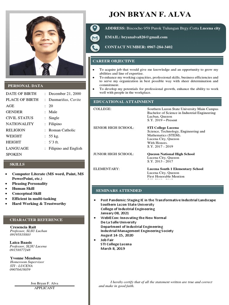 Jon Bryan F. Alva Address Lucena City PDF Engineering Science