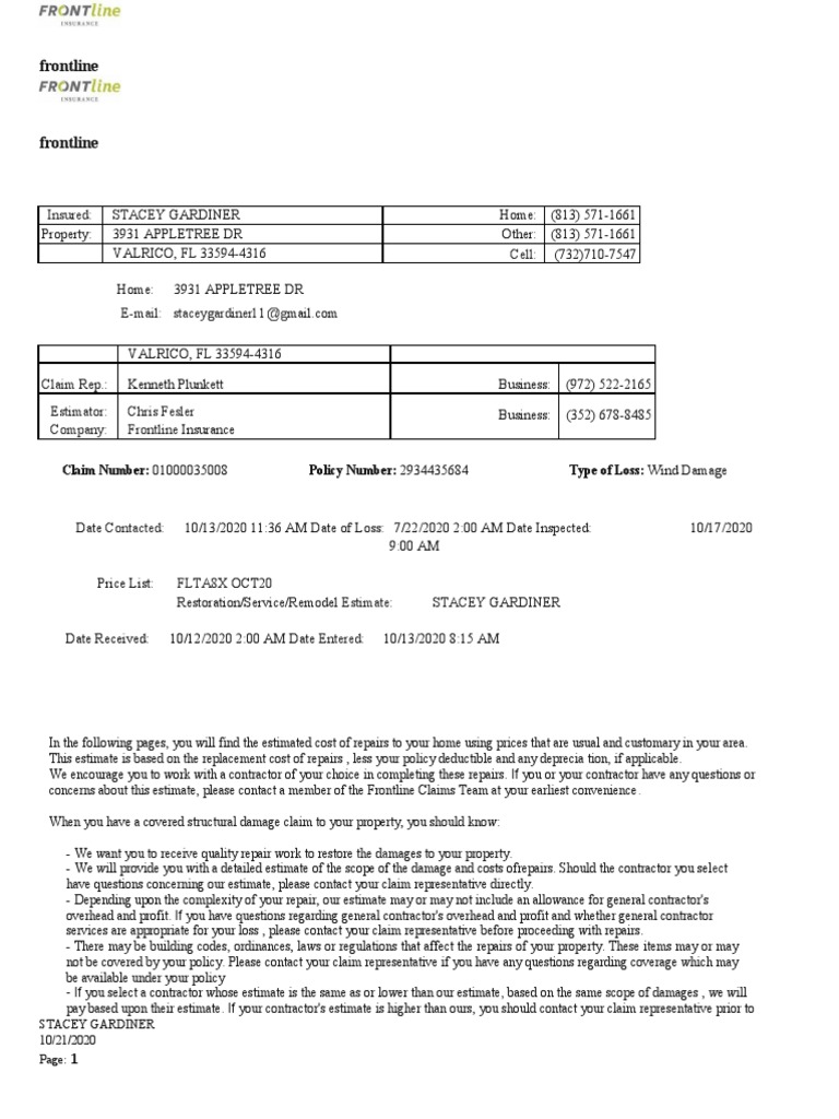 Frontline Estimate Bid 01 PDF Insurance Depreciation