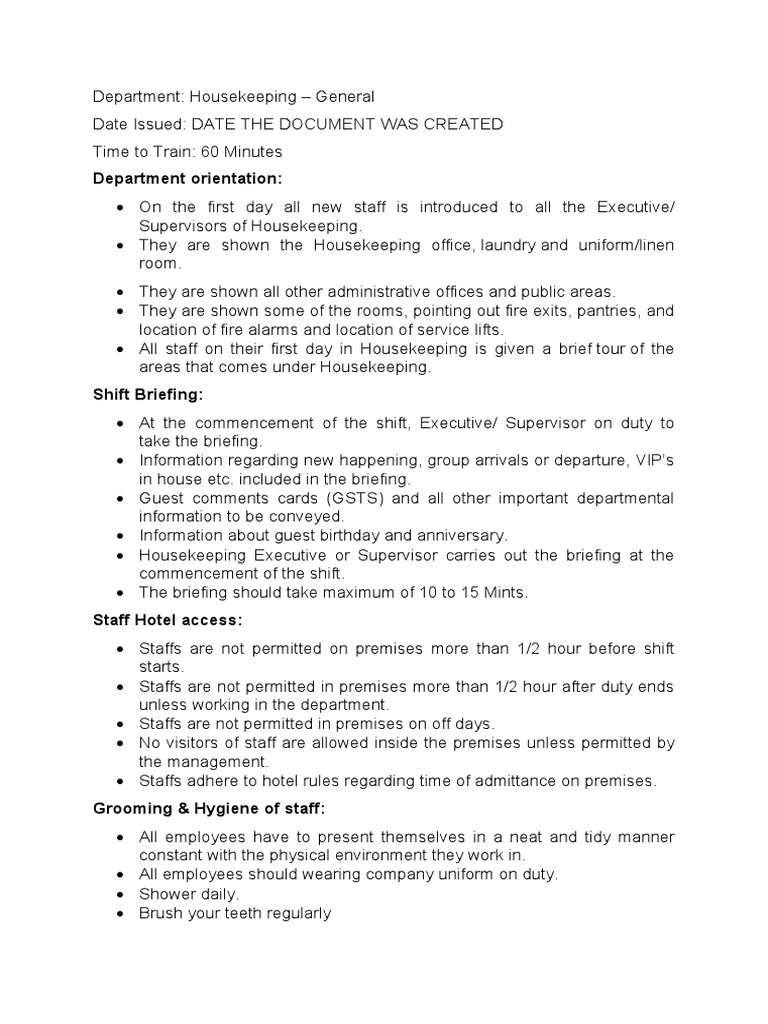 SOP Housekeeping Departmental Policy Setup PDF