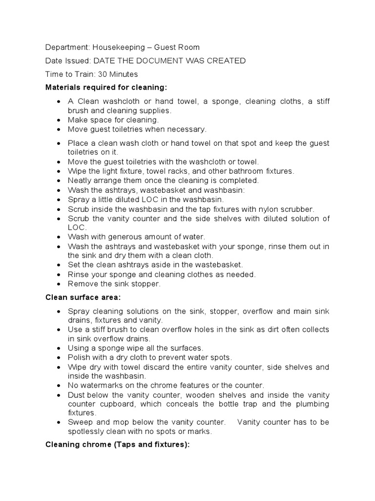 SOP Housekeeping Cleaning Sink and Vanity Area PDF