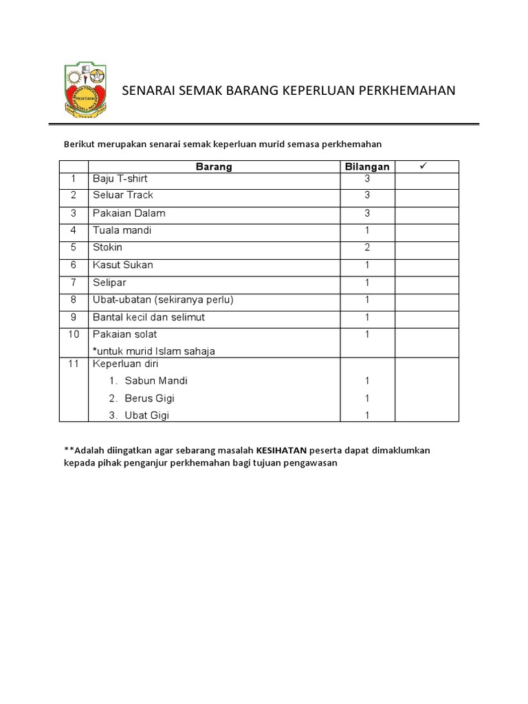 Senarai Semak Barang Murid | PDF