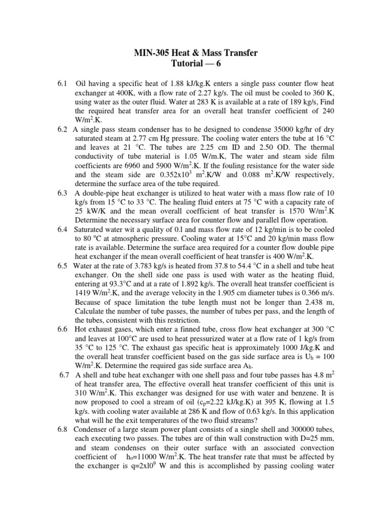MIN-305 Heat & Mass Transfer Tutorial - 6 | PDF | Heat Exchanger | Heat ...