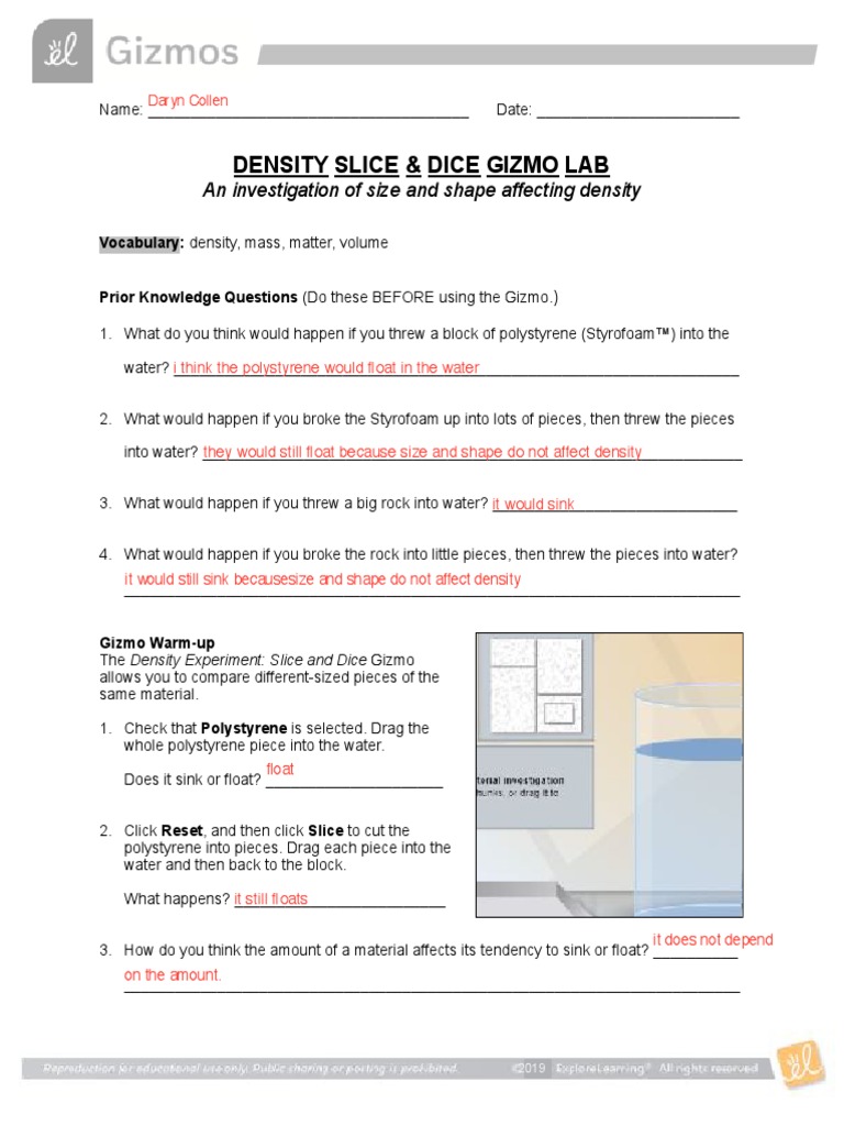 Density Slice & Dice Gizmo Lab PDF Density Quantity