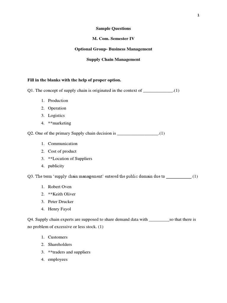Business MGT Sem IV Supply Chain Management MCQ PDF Supply Chain Supply Chain Management