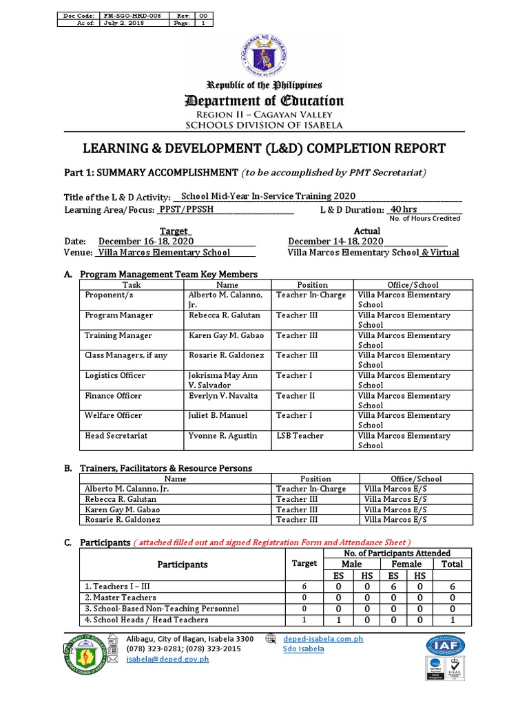 Learning & Development (L&D) Completion Report: Part 1: Summary ...