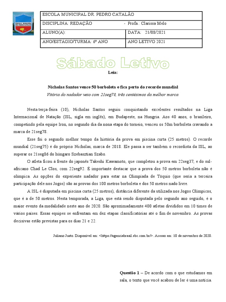 Interpretacao de Texto Noticia 5o Ano Modelo Editavel | PDF