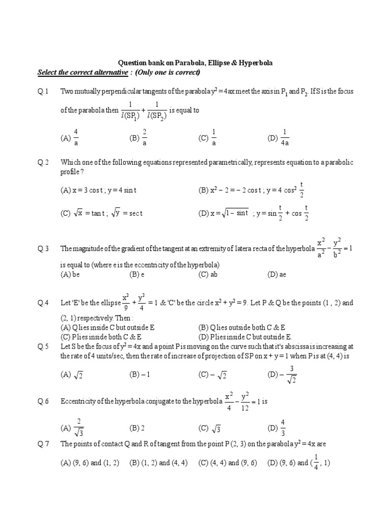 Conic Sections Question Bank | PDF | Perpendicular | Ellipse