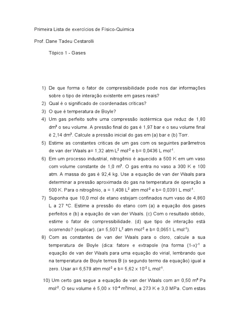 Lista 1 Físico Quimica Gases | PDF | Tecnologia e Engenharia