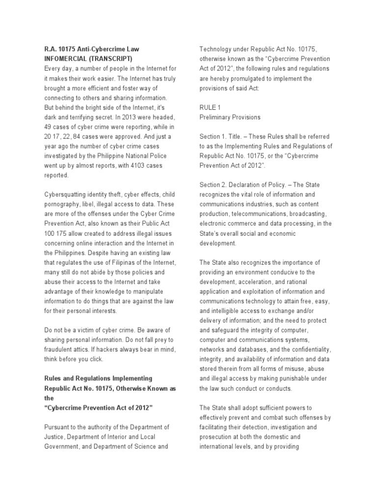 R.A. 10175 Anti-Cybercrime Law INFOMERCIAL | PDF | Cybercrime | Security