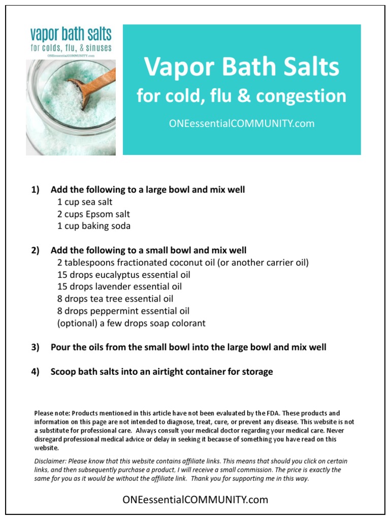 As Promised, Your Vapor Bath Salts Printable PDF Essential Oil Common Cold