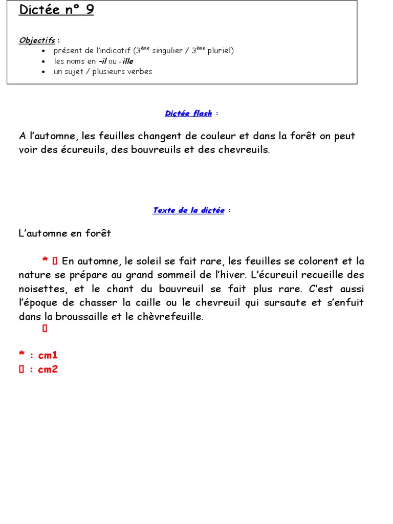 Dictée Présent De L indicatif 6ème Dictée 9 - L'automne en Forêt | PDF | Linguistique