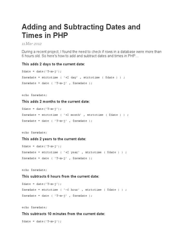 Adding and Subtracting Dates and Times in PHP | PDF