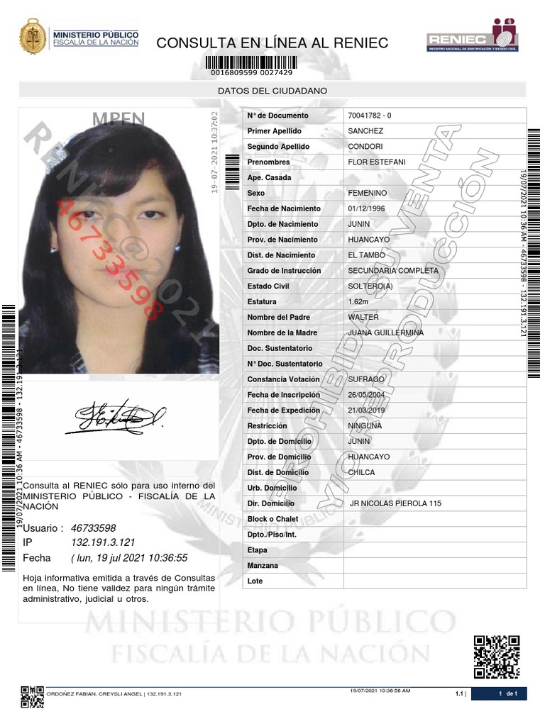 Consulta en Línea Al Reniec: Datos Del Ciudadano | PDF
