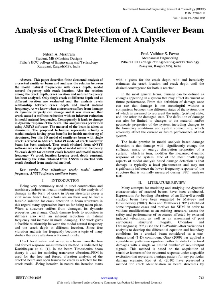 Crack Detection in Cantilever Beams FEA | PDF | Bending | Beam (Structure)
