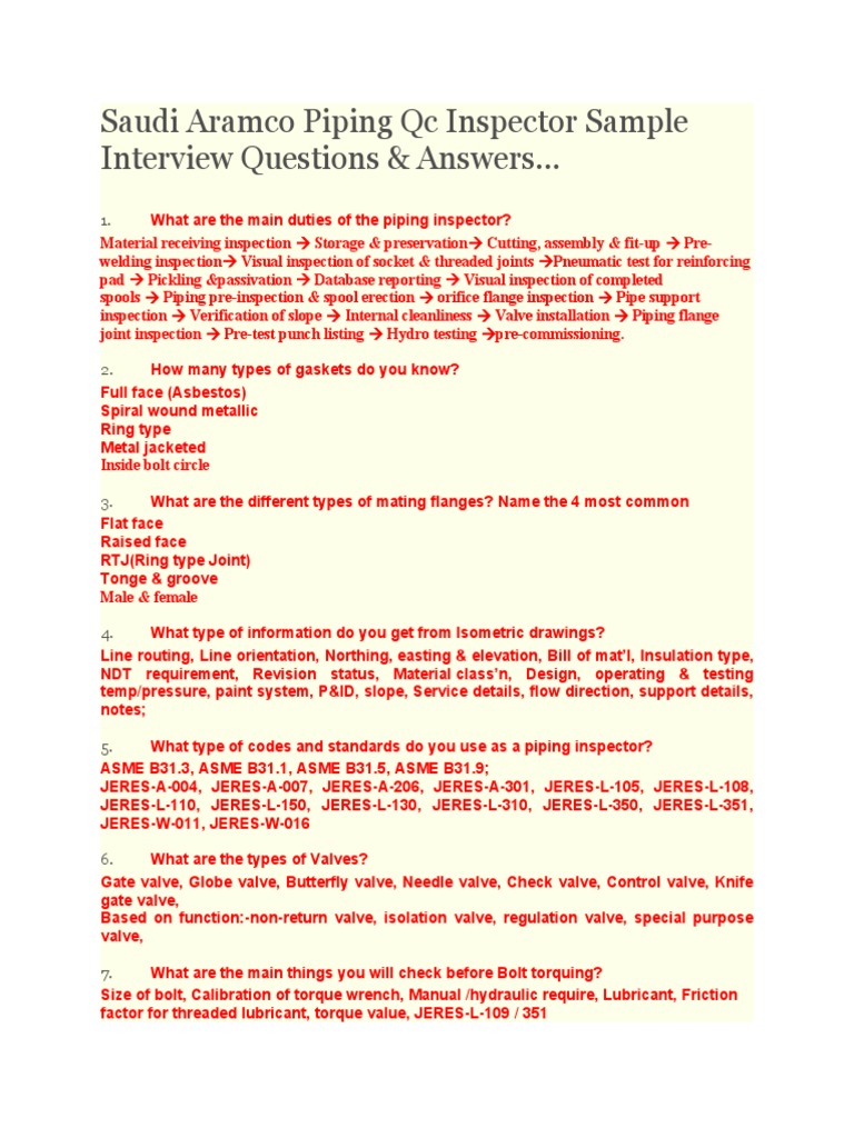 Aramco Piping QC Inspector Q&A Guide | PDF | Pipe (Fluid Conveyance ...