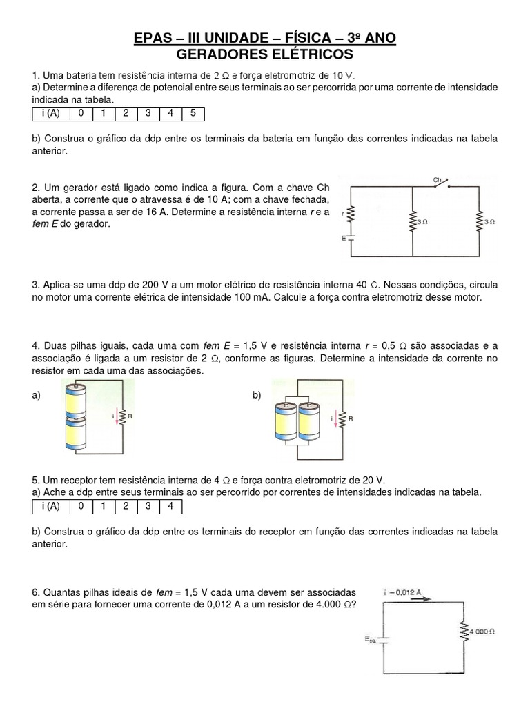 Exercícios sobre Geradores Elétricos | PDF | Métodos e Materiais de ...