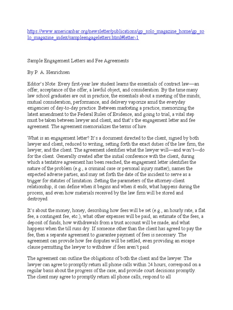 Sample Engagement Letters and Fee Agreements | PDF | Lawyer | Costs In ...
