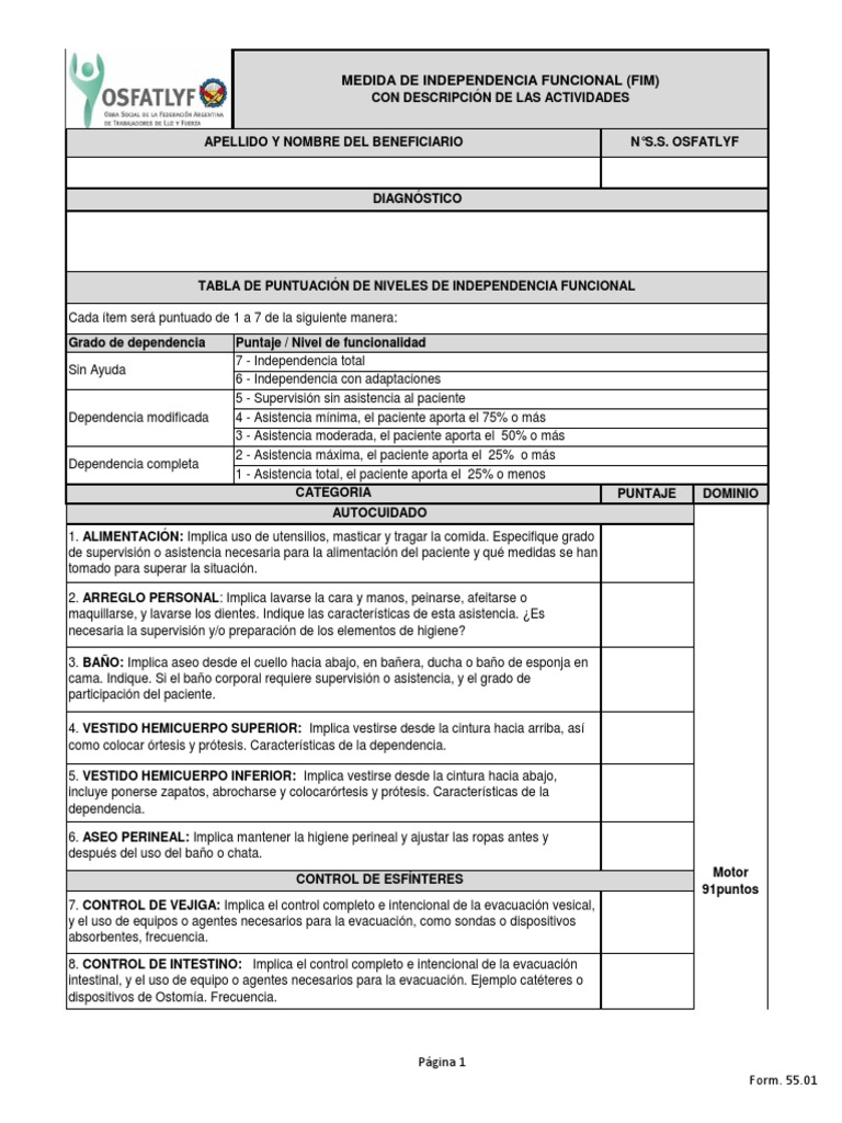 Medida de Independencia Funcional (Fim) : Página 1 Form. 55.01 ...