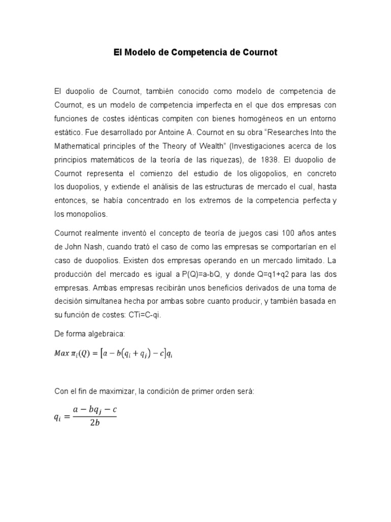 El Modelo de Competencia de Cournot PDF Mercado (economía) Monopolio