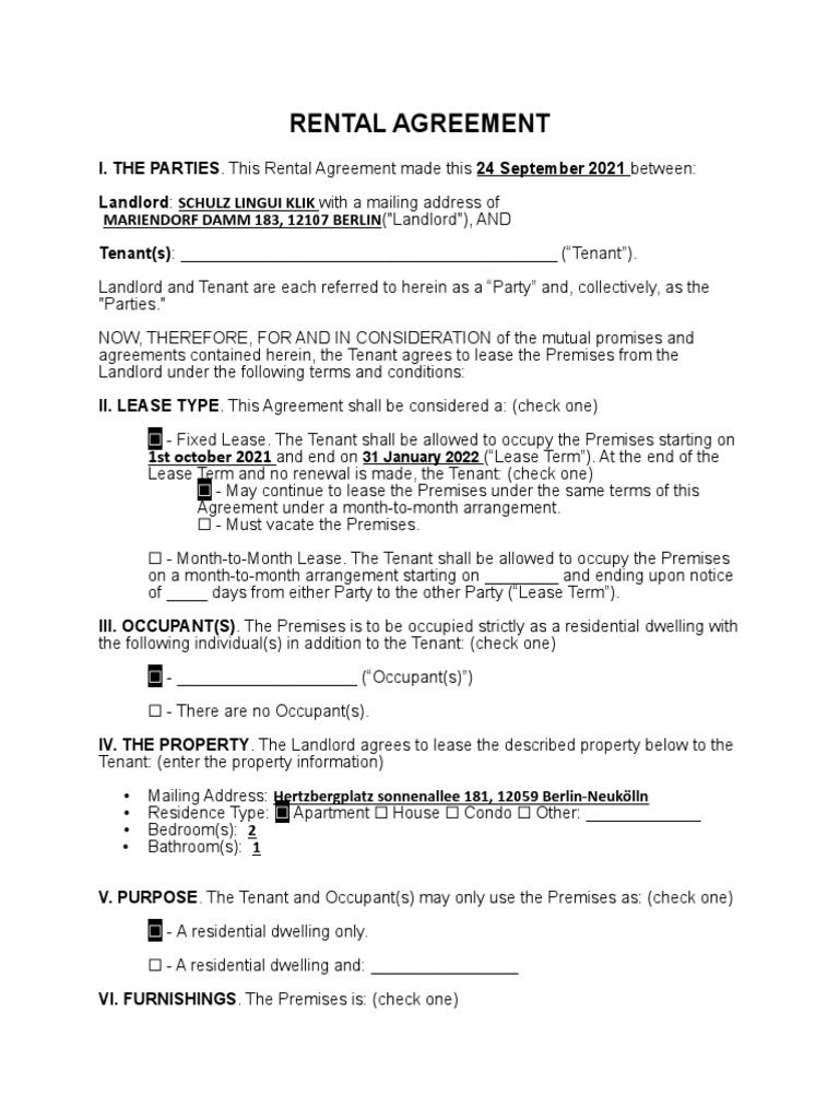 Rental Agreement: 1st October 2021 | PDF | Leasehold Estate | Lease