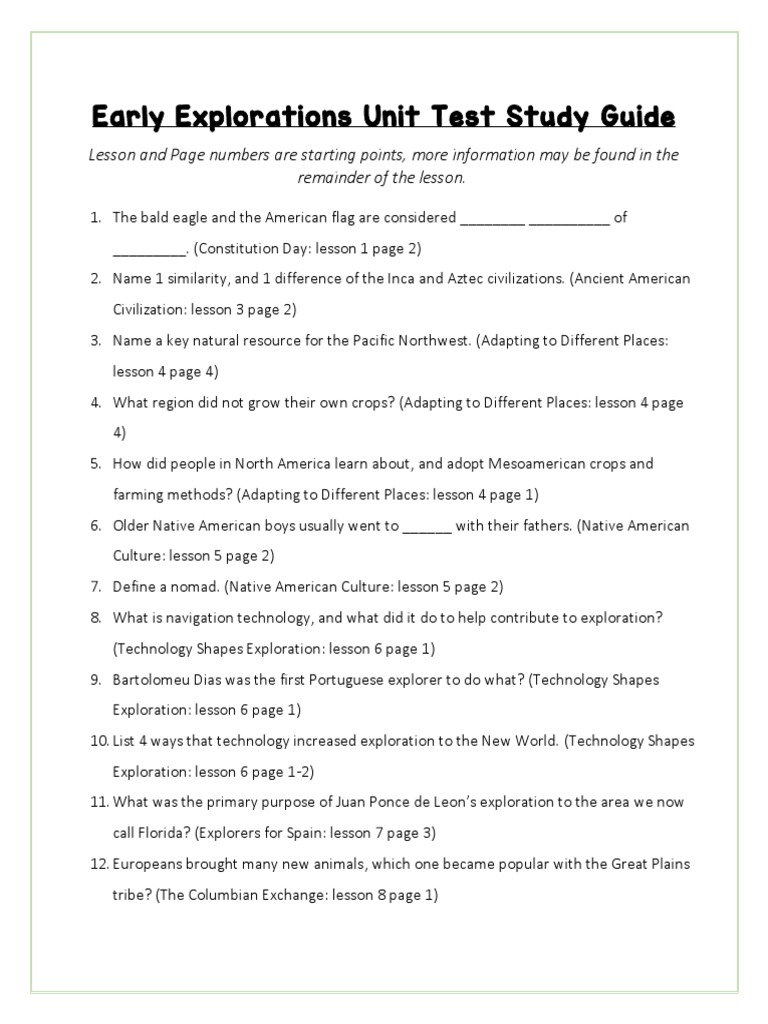 Early Explorations Unit Test Study Guide | PDF | Exploration ...
