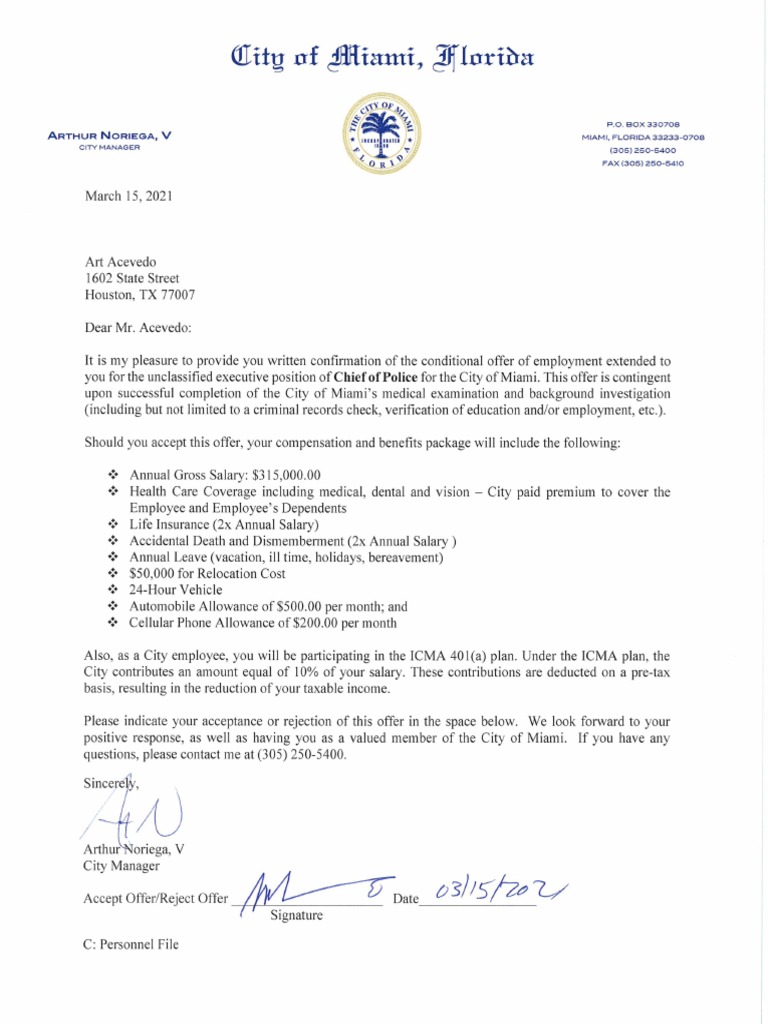 Offer Letter From The City of Miami To Police Chief Art Acevedo | PDF