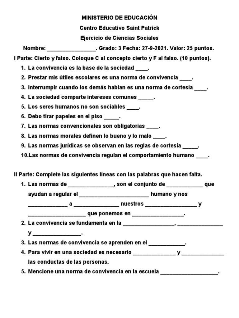 Ejercicio de 3 Grado Normas de Convivencia | PDF