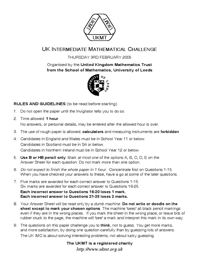 Ukmt Imc Intermediate Mathematical Challenge 2005 Questions Pdf